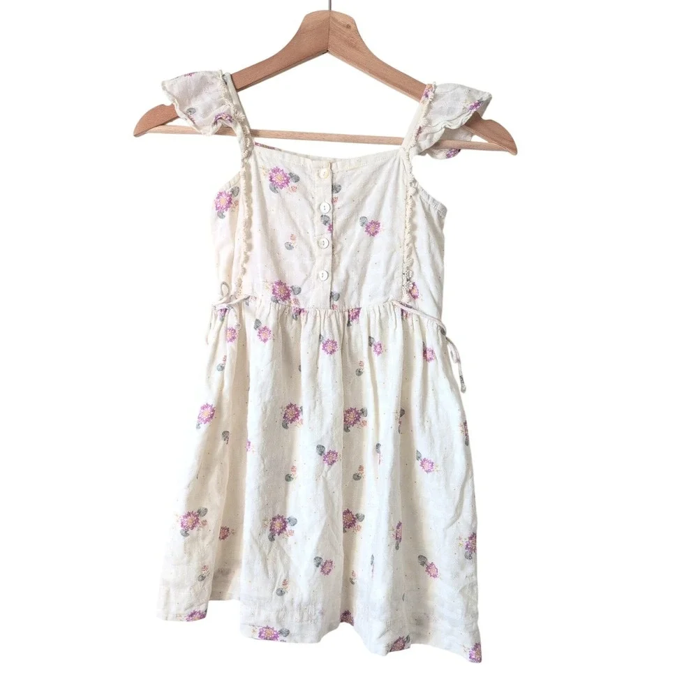 LALI Kids Dress Floral Cotton Button Front Ruffle Sleeve White Purple Girls 5 5Y